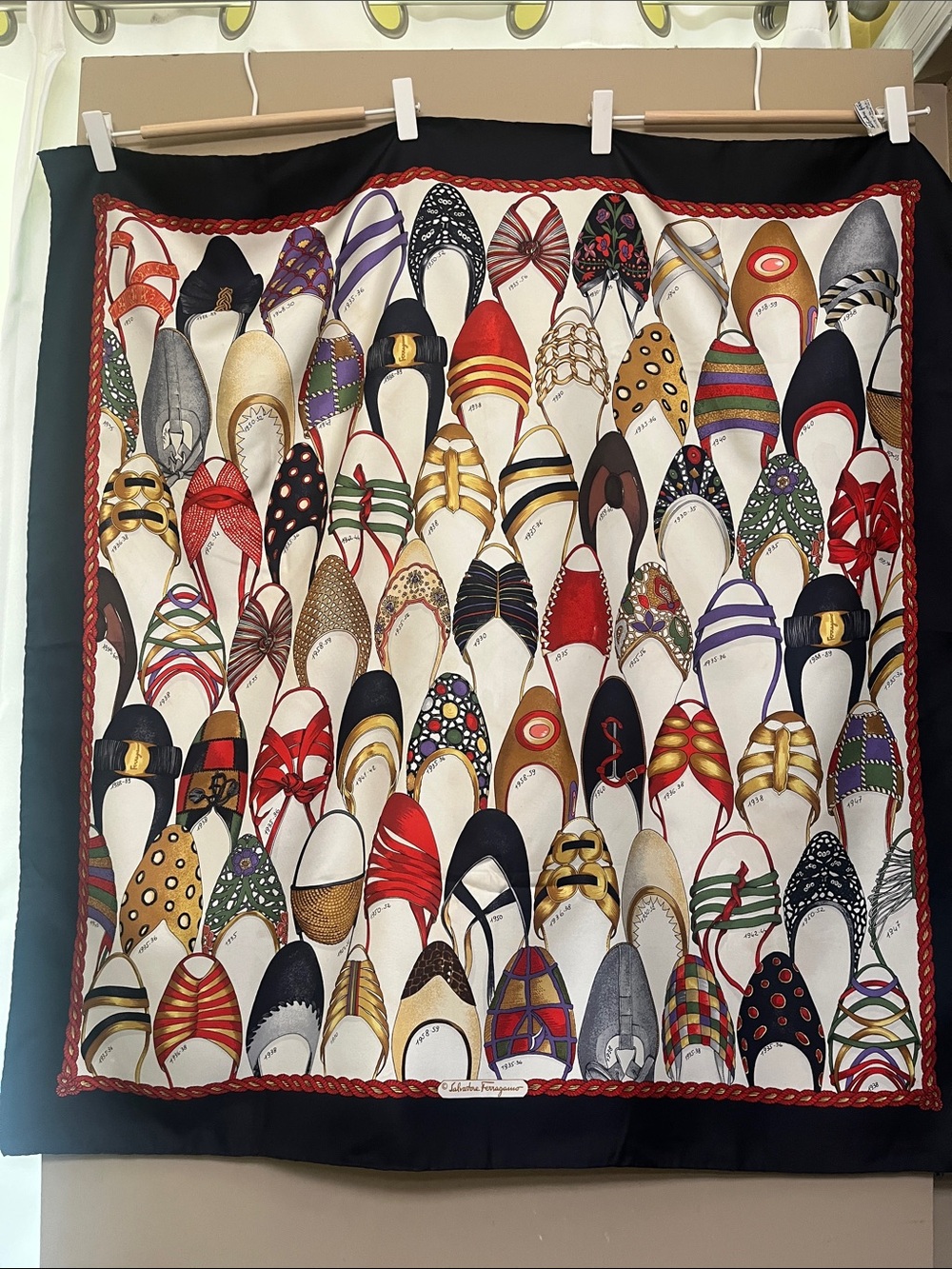 RARE Salvatore Ferragamo Black Multi Shoe-Print Silk Scarf